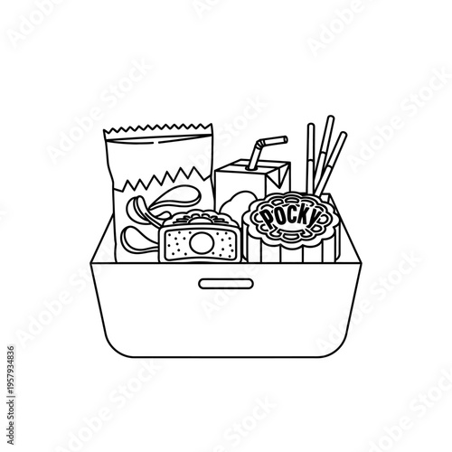 A black and white line drawing of a snack box filled with various treats and a drink.