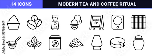 Hot Beverage Culture and Cafe Service Minimalist Monoline Outline Icons Geometric Vector Line Art for Coffee and Tea Rituals.