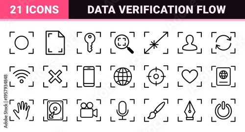 Optical Recognition and Digital Scanning Interface Elements featuring Minimalist Monoline Geometric Outlines for Mobile App Verification