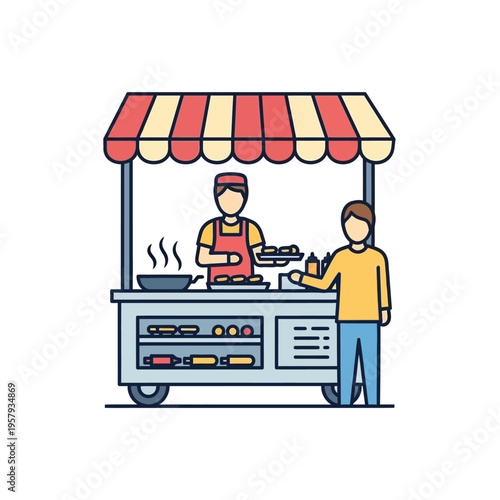 A street food vendor serves a customer from a colorful food cart with a striped awning.
