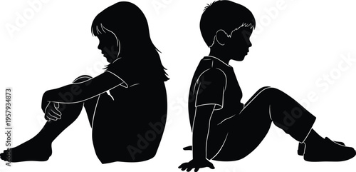 Sad children silhouettes sitting alone, lonely boy and girl emotional mood isolated black childhood emotion illustration