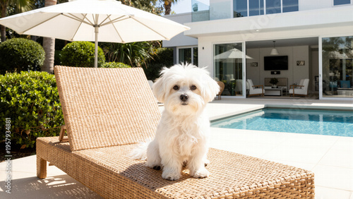 Cute small white dog relaxing on an outdoor lounge chair by a swimming pool for luxury pet friendly vacation and summer lifestyle concepts.