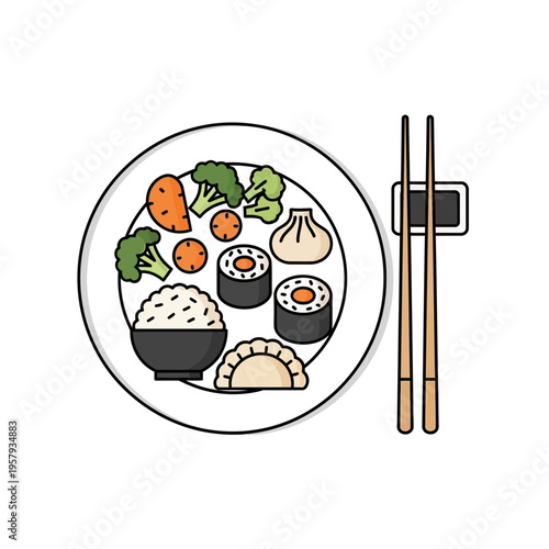 A top-down view of a plate of Japanese food, including sushi, rice, vegetables, and dumplings, with chopsticks resting on a chopstick holder.