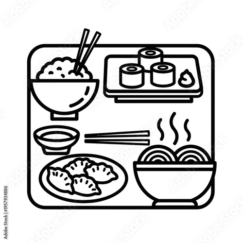 A top-down illustration of a Japanese meal set featuring rice, sushi, dumplings, and noodles, accompanied by chopsticks and dipping sauce.