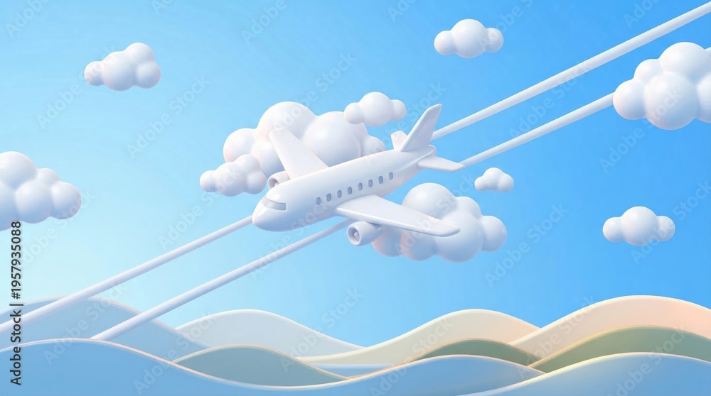 Naklejka premium Soaring High: An airplane gracefully glides through a sky of billowing clouds, a symbol of freedom, travel, and the open road. 