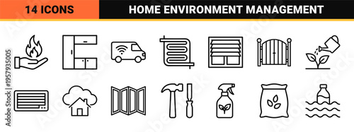 Minimalist climate control and smart home engineering line art symbols featuring geometric residential technology and maintenance outlines.