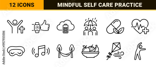 Holistic Mental Wellness and Self Care Minimalist Monoline Line Art Symbols for Digital Therapy Apps and Healthcare Interface Design