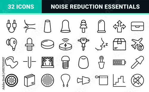 Minimalist Monoline Hearing Protection Icon Set Featuring Geometric Earplugs, Earmuffs, and Industrial Noise Reduction Safety Symbols