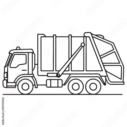 Garbage Truck Line Art Illustration for Kids Coloring Book, Side View of a Refuse Collection Vehicle with Detailed Mechanical Parts, Minimalist Black and White Vector Graphic for Education.