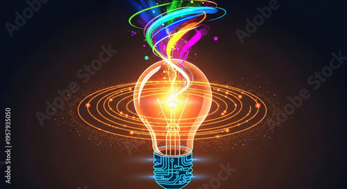 Glowing light bulb with colorful swirling lines and circuits on a dark background symbolizing creativity and innovation in technology and ideas