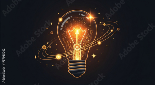 Glowing light bulb with swirling golden lines and stars on dark background symbolizing creativity and innovation