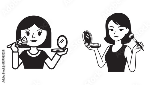 Women Using Mirror For Makeup Application Representing Daily Beauty Routine, Personal Grooming And Cosmetic Care Vector Illustration