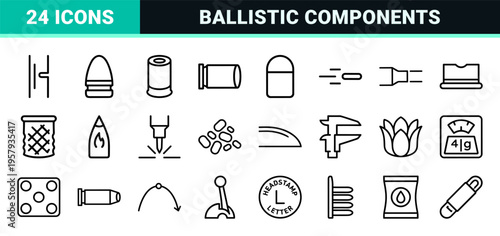 Ballistic Ammunition and Firearm Cartridge Outlines, Minimalist Monoline Geometric Technical Icons for Forensic and Military Design.
