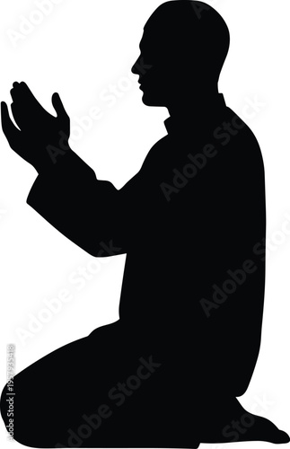 Silhouette of man kneeling and praying with raised hands, spiritual worship, faith devotion, religious prayer concept illustration