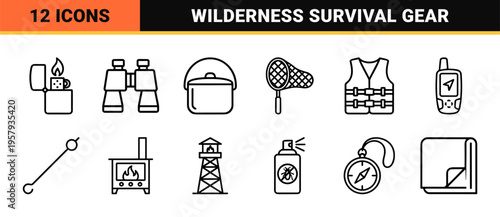 Outdoor Camping and Wilderness Survival Monoline Icons for Adventure Navigation and Forest Recreation UI Design Projects