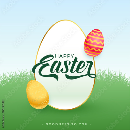 happy easter green grass poster with white egg border frame