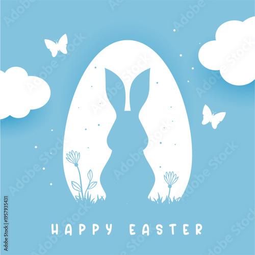 paper cut style easter bunny silhouette with butterflies and clouds