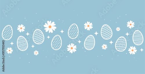 line art white easter eggs with daisy flowers on blue background