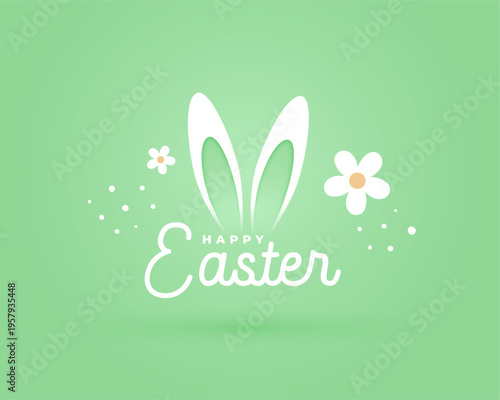 happy easter greeting poster with bunny ears and daisy flowers