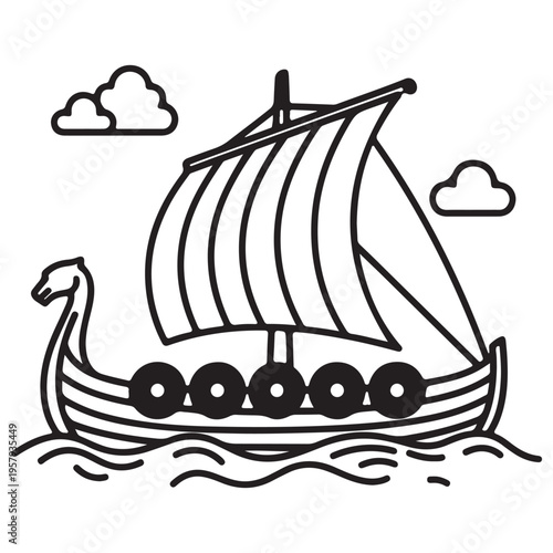 Viking longship drakkar with dragon head prow and shields sailing across ocean waves under a cloudy sky, minimalist black and white line art illustration for coloring or logo design.