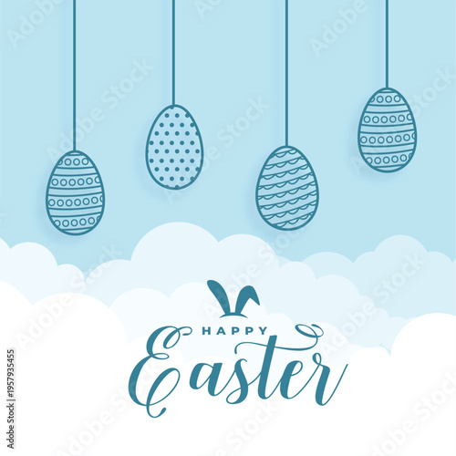 happy easter greeting background with hanging eggs and fluffy clouds