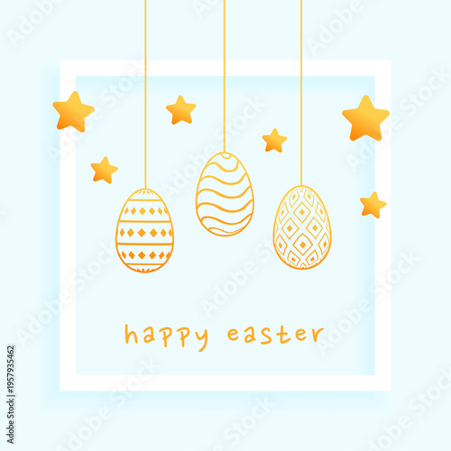 happy easter greeting card with hanging golden eggs and stars