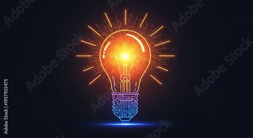 Glowing light bulb with circuit board base and radiant lines on dark background symbolizing innovation and ideas
