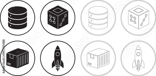 Flat black and white database cube and rocket simple