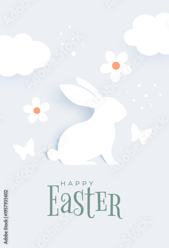 happy easter greeting card with white bunny and cloud in paper art