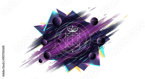 Abstract Cosmic Mandala with Planets and Geometric Shapes