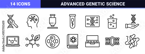 Biotechnology and Medical Science Research Icons Featuring Minimalist Geometric Line Art for Laboratory and Genomic Engineering Projects