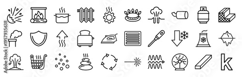 Thermodynamics and Heat Energy Minimalist Monoline Outline Icons for Industrial Engineering and Climate Control Design Systems
