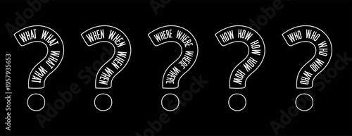 set of what when where how who quiz question mark symbol