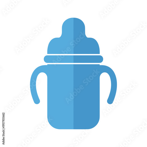 Blue sippy cup with dual handles isolated on a white background, showcasing a simple and modern design with a rounded lid, perfect for toddlers