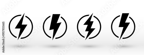 set of black flash lighting bolt symbol in different shapes