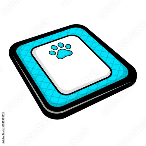 Illustration of a puppy training pad with a paw print design, isolated on a white background, featuring a blue and black border for pet care use