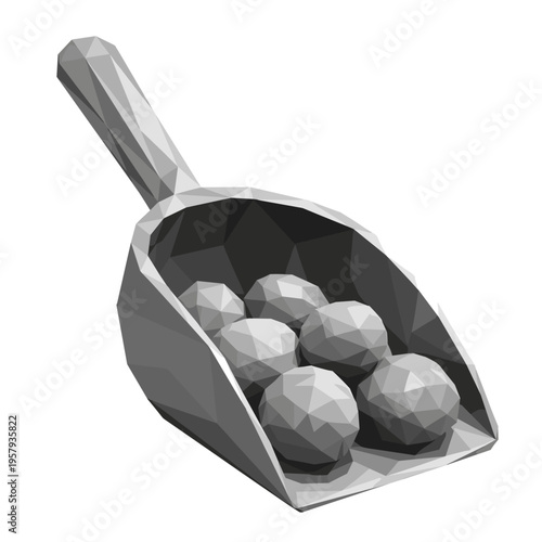 Geometric scoop filled with polygonal gravel stones isolated on white background, showcasing modern design and abstract artistry