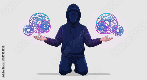 Mysterious hooded figure conjures geometric energy orbs, digital art concept