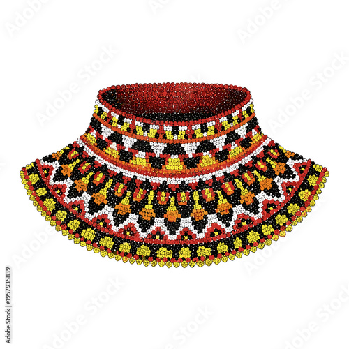 Colorful beaded collar necklace with intricate patterns isolated on white background, showcasing vibrant red, black, and yellow geometric designs