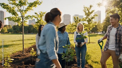 Diverse group planting sapling in urban park on sunny day