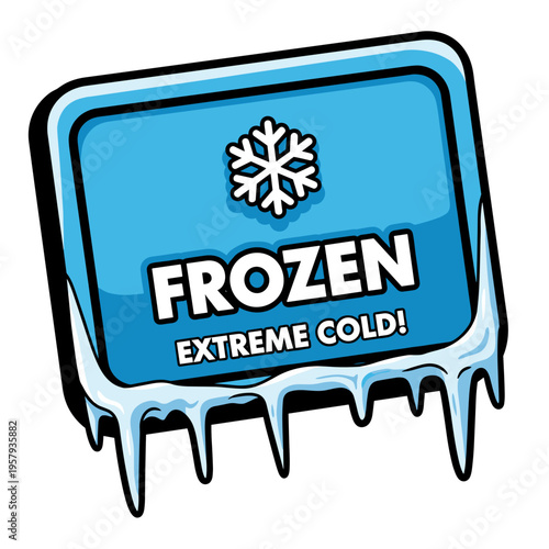 Blue freezer tag with snowflake design, isolated on a white background, showcasing frozen extreme cold message with icicle details