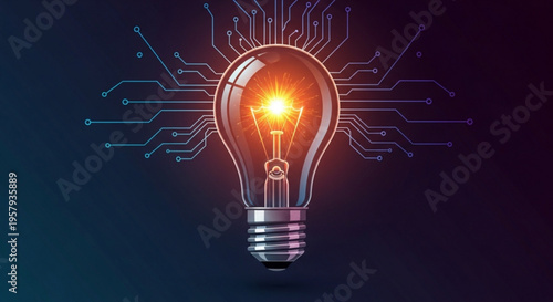 Glowing light bulb with circuit board background symbolizing innovation and creativity in technology