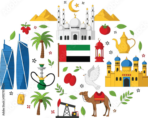 United Arab Emirates culture icons set with landmarks camel mosque skyline palm tree and traditional elements flat vector illustration isolated