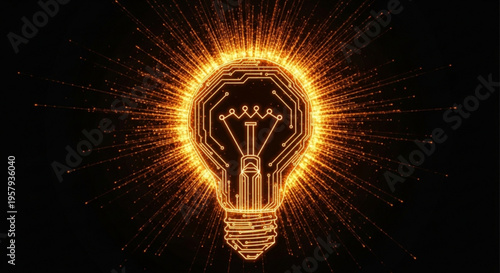 Glowing light bulb with radiant orange lines on a dark background symbolizing ideas and innovation in business and technology