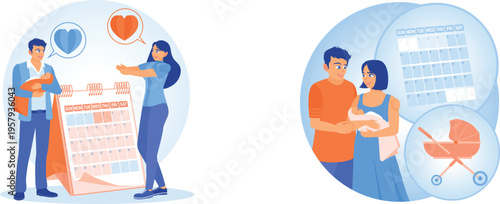 Couples planning conception and pregnancy timeline together with baby items