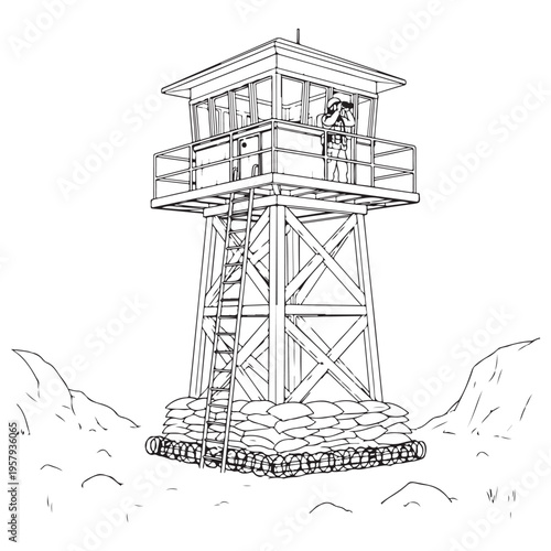 Military watchtower with a soldier observing the perimeter through binoculars, fortified with sandbags and barbed wire, minimalist black and white line art illustration for defense concepts.