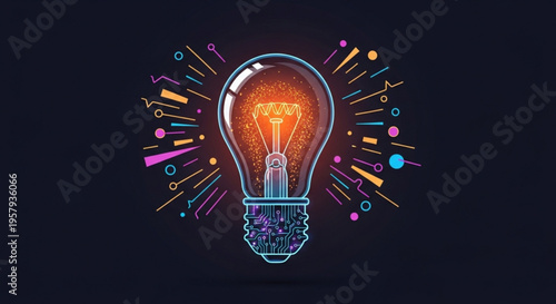 Glowing light bulb with colorful sparks and lines on dark background symbolizing creativity and innovation ideas