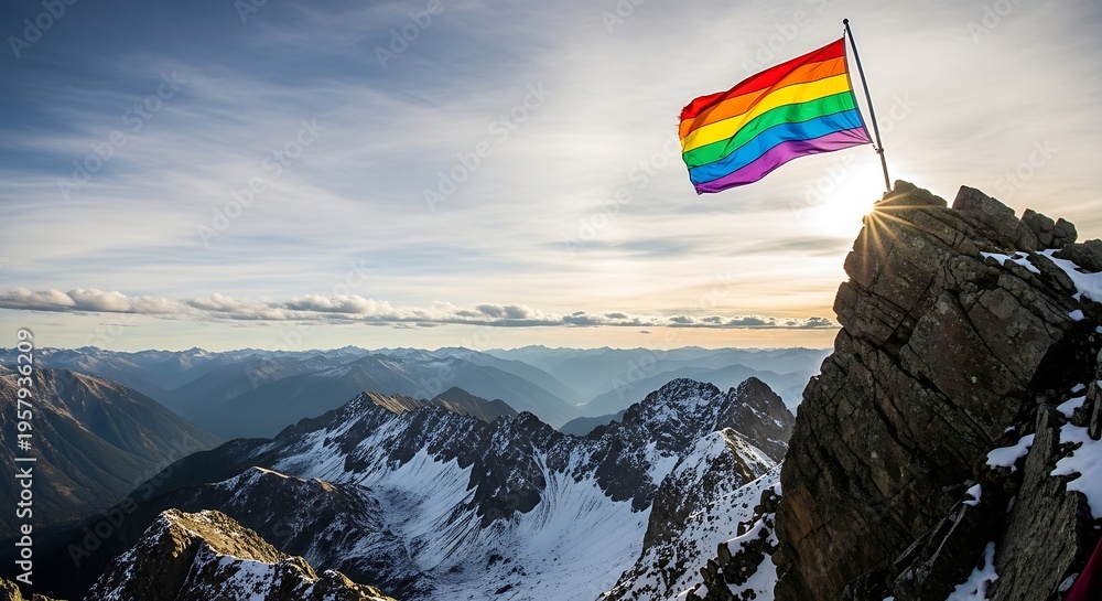 Fototapeta premium Rainbow Flag Soars Above Mountain Summit Pride Now