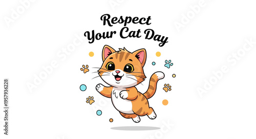 A cheerful cartoon cat dancing with colorful paw prints and flowers around it, celebrating Respect Your Cat Day with playful illustrations.