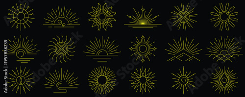 Abstract sunburst icon set with radiant line designs and geometric rays. Minimal modern illustration ideal for logos, branding, spiritual symbols, posters, and decorative graphics.